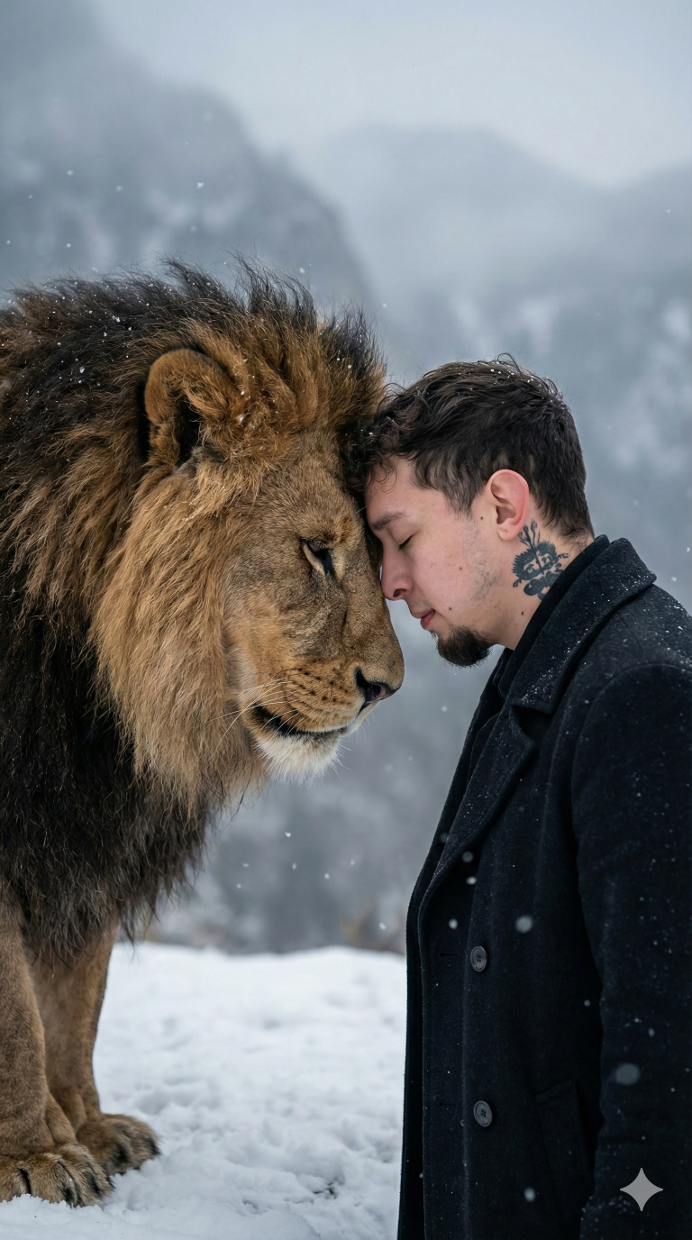 Imagen emotiva de persona junto a un león en la nieve, generada por inteligencia artificial generativa por Dandyweb
